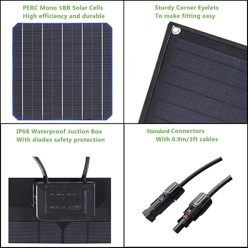 Miniatura 6 de Lensunsolar Panel solar flexible ETFE negro de 60 W 12 V con tira de goma, ultraligero para barco, yate, caravana, cámper