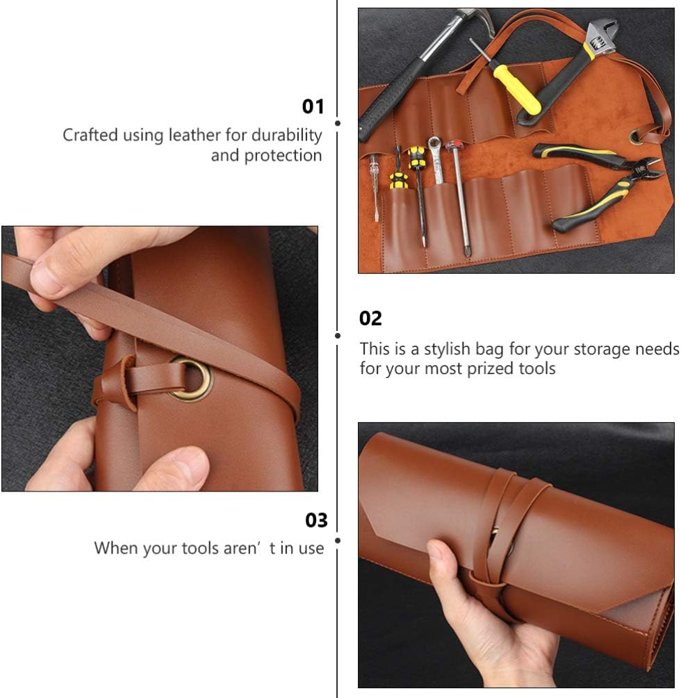 DOITOOL Gadgets Tool Bags Leather Roll Up Bag Vintage Woodworking Pouch Wrench Roll Chisel Bag 10 Slots Craft Organizer for Mechanic Carpenter Brown Makeup Canvas