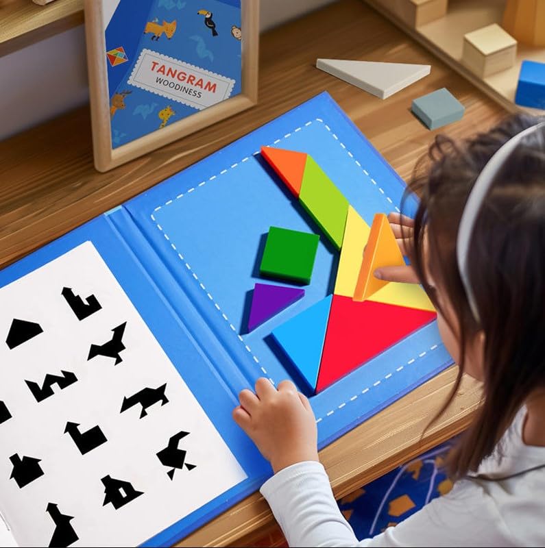 Image of Magnetic Tangram Puzzle for Kids, Wooden Educational Puzzle Toy, Toys for 4-10 Years Montessori Puzzle Game, Educational STEM Activity Book (7 pcs Tangram)
