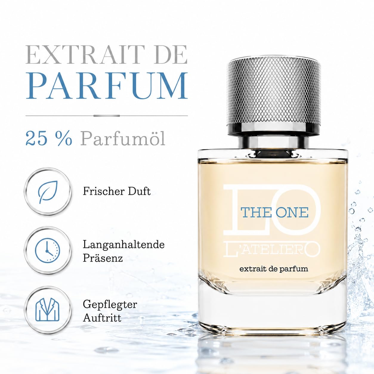 L'ATELIERO - THE ONE - Sommerduft für Herren Extrait de Parfum 50 ml | Frisches Sommerparfum mit 25% Duftöl, aquatisch zitrischer Duft, clean, intensiv und langanhaltend