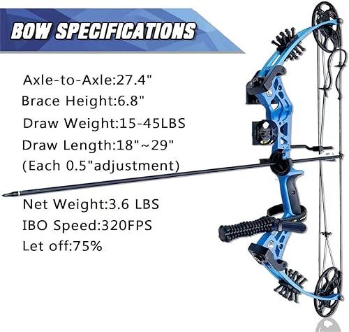 Miniatura 13 de Juego de arco compuesto de 15 a 45 libras para principiantes y adolescentes diestros ajustable de 18 a 29 pulgadas de longitud de dibujo, velocidad