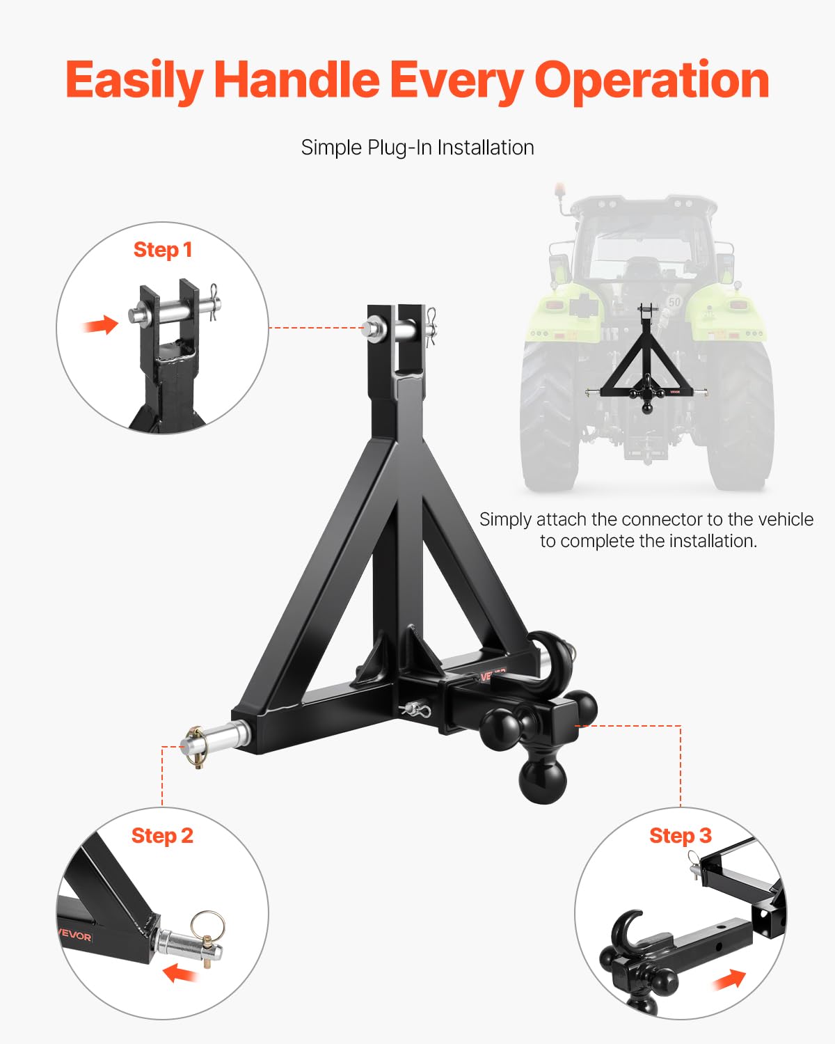 VEVOR Attacco per Rimorchio a 3 Punti con Ricevitore da 50,8 mm, Attacco a 3 Punti con 3 Sfere per Rimorchio, Adattatore per Barra di Traino per Trattore, Compatibile con Kubota, Mahindra, Ford