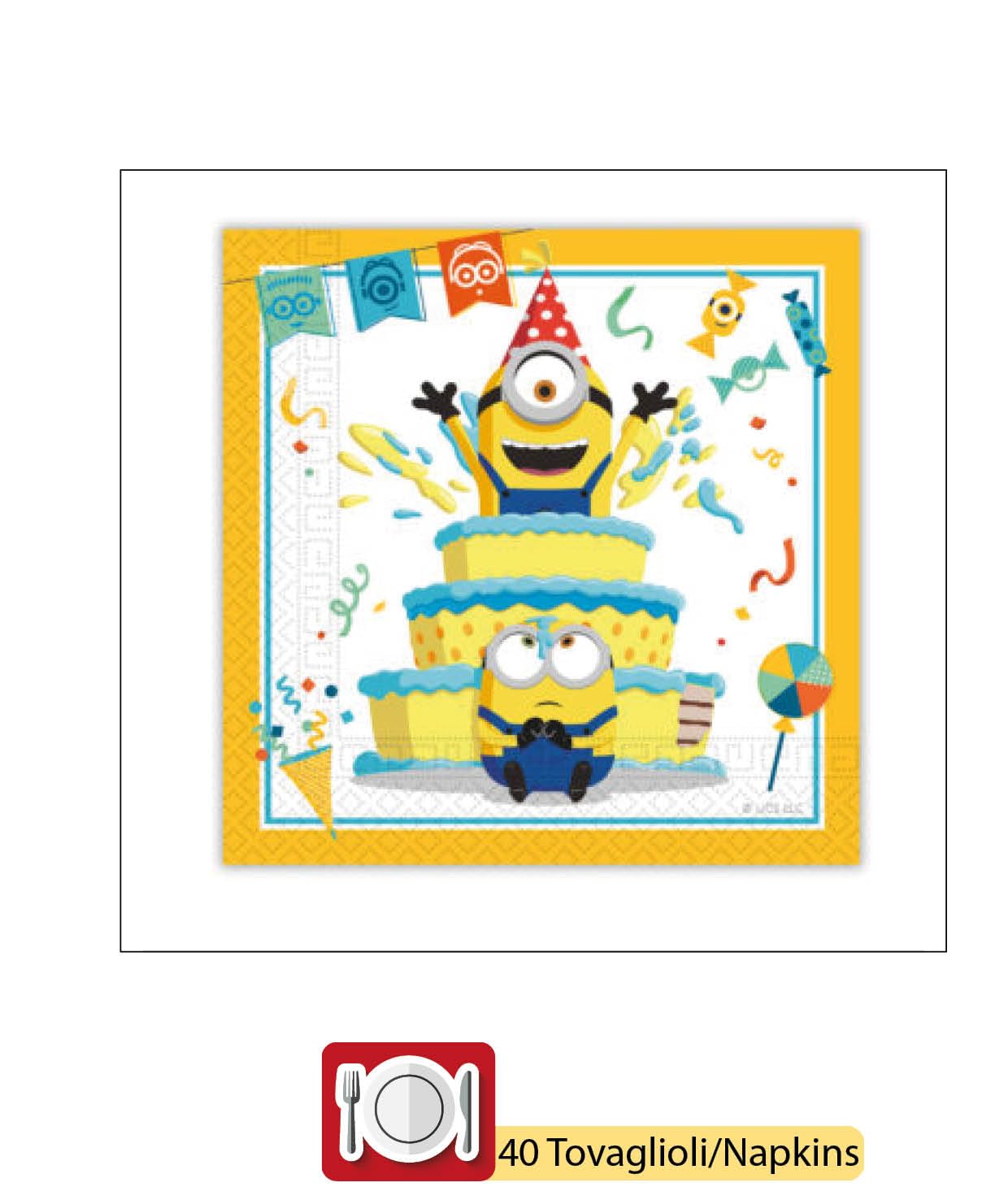 Kit Party Tavola Minions The Rise of Gru per 24 persone (88 pezzi: 24 piatti Ø23cm, 24 bicchieri 200ml, 40 tovaglioli 33x33cm)
