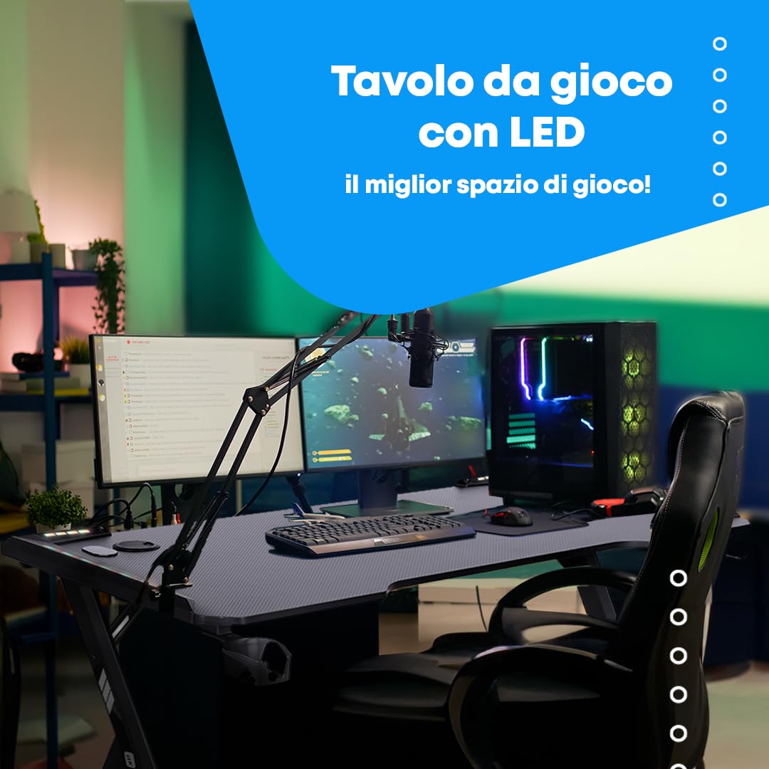 NK Scrivania Gaming LED Ergonomica (120X60cm) - Portabicchieri e Bottiglie, Supporto per Cuffie, Gestione dei Cavi, Scrivania Gaming, Tavolo 1.5cm (Resistenza) Peso Massimo Supportato 100kg - Bianco