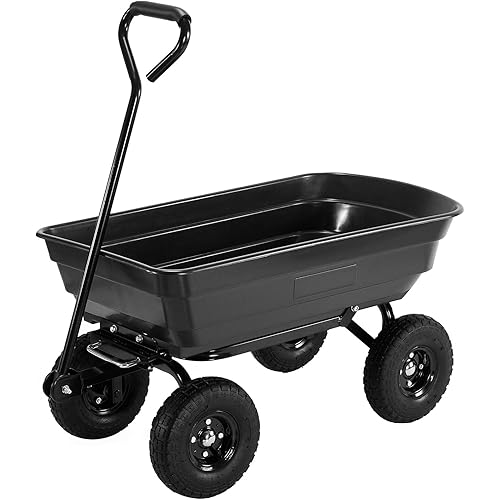 Garden Cart Utility Yard Cart with Steel Frame, 600 Pound Capacity Dump Wagon, and 10 Inch Tires for Lawn, Gardening, Construction - Black