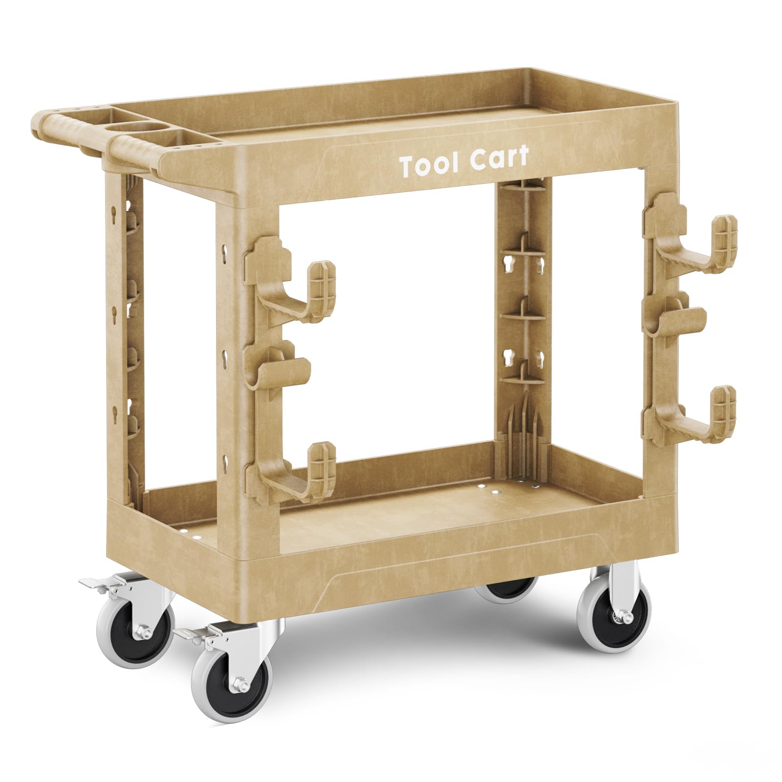 LDHTHOPI Servierwagen MAX 250kg,Werkstatt RollWagen 84.5x41.5x85cm mit 2 Lastaufnahmehaken,Schwerlast Kunststoff Vielzweckwagen 2 Lenkrollen mit Bremse,Holzfarbe,für Lager Garagen Büros Gärten Hotels