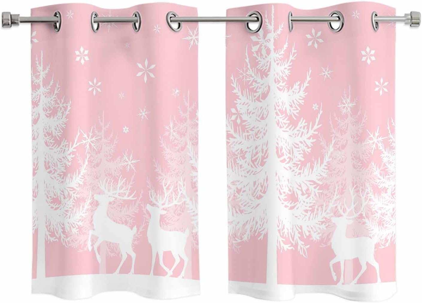 Grommet Top Window Curtains, Christmas Winter Snowflake Tree Elk Pink Durable Light Blocking Windows Drapes for Kitchen/Bedroom/Living Room, Window Treatments Curtain Set of 2 Panels 27.5x39 In