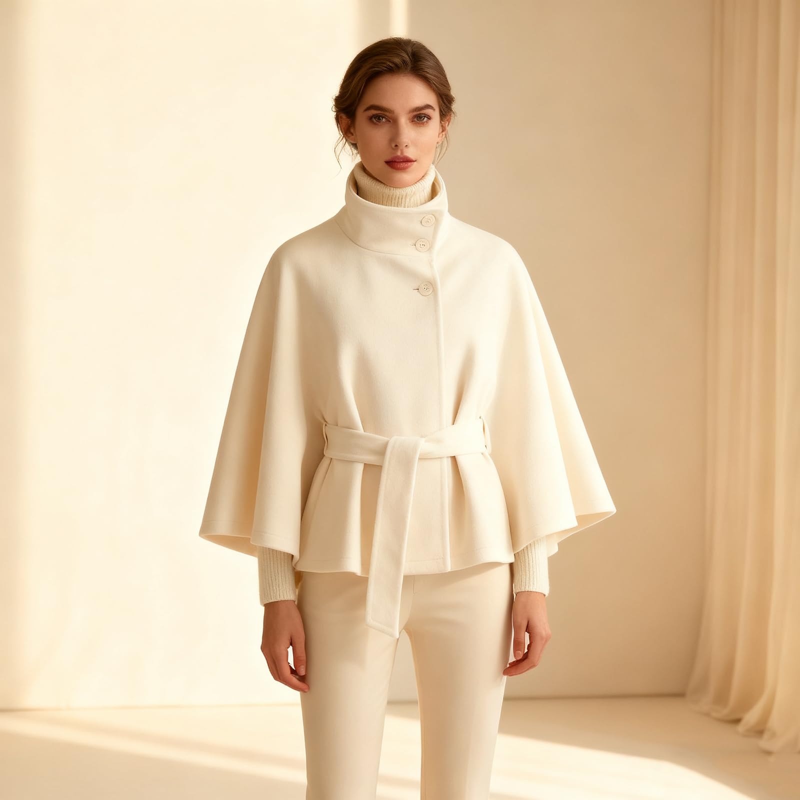 Generisch Weißer Cape-Mantel,Poncho mit Fledermausärmeln, Damen-Wintermantel mit Stehkragen und Gürtel