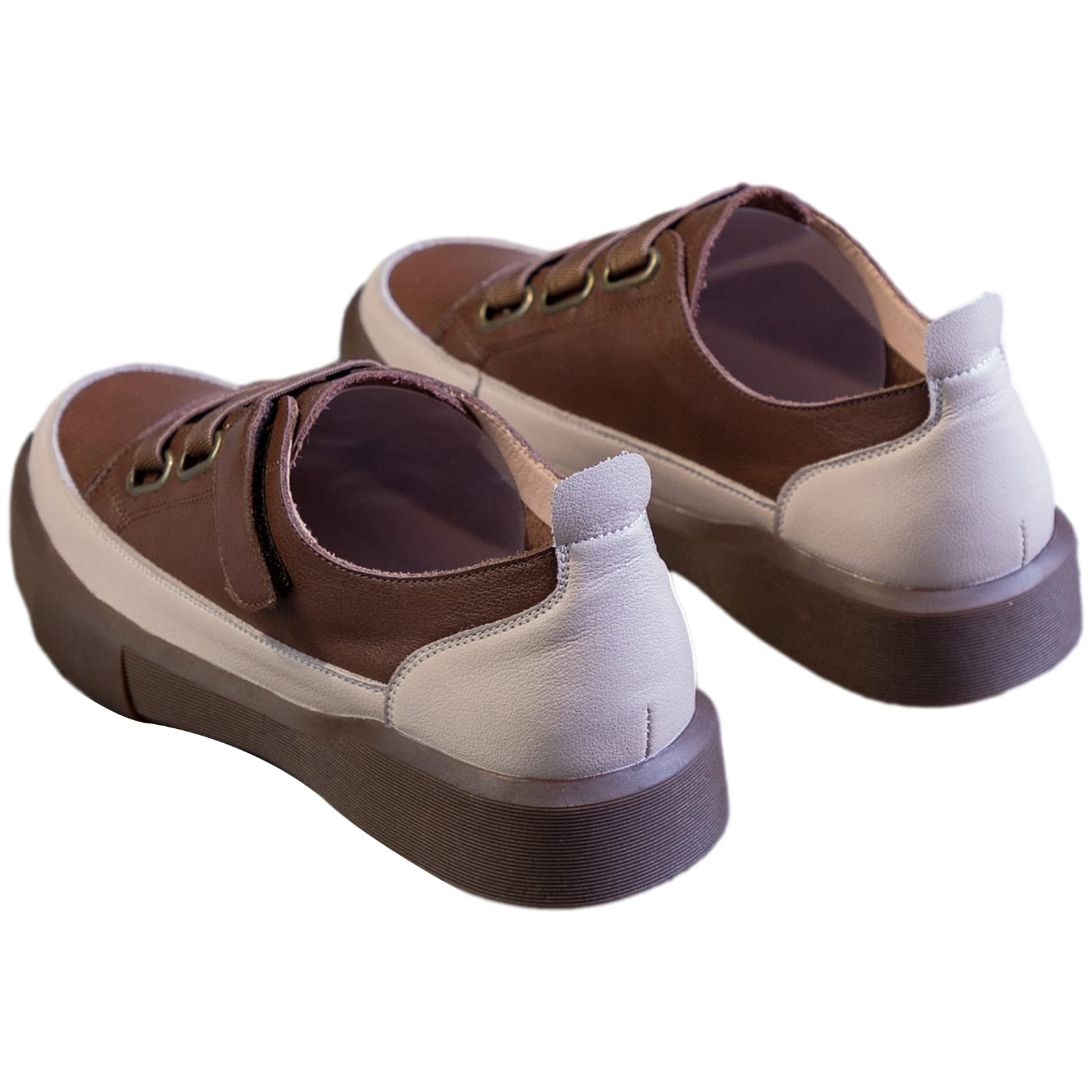 Damen Retro Stil Low Top Sneaker aus Echtem Leder Weicher Sohle Loafer Schuhe mit Klettverschluss