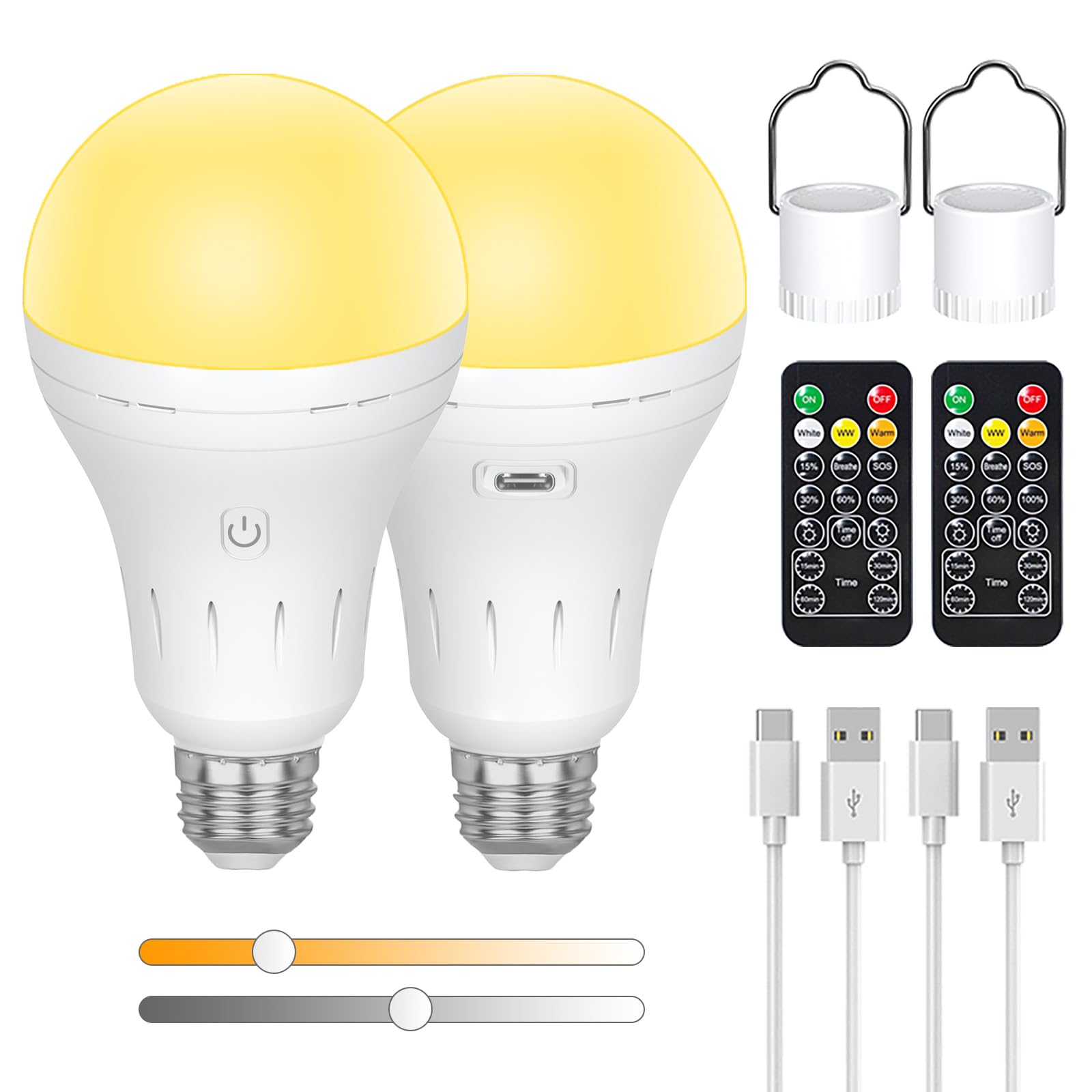 USB-C Rechargeable Light Bulb with Remote Control,AC100-240V Smart E27 LED 9W,3 Color Dimmable Touch Control Rechargeable Bulbs with Timer and Battery,2200mAh Outdoor Emergency Light with Hook,2 Pack