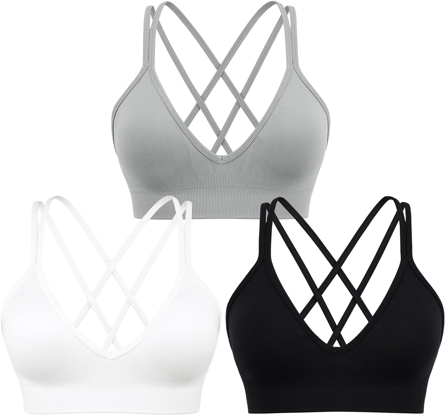 Sports Bra for Women V-Neck Strappy Criss Cross Yoga Bra Padded Medium Support Workout Gym Athletic Fitness Bras 3 Pack