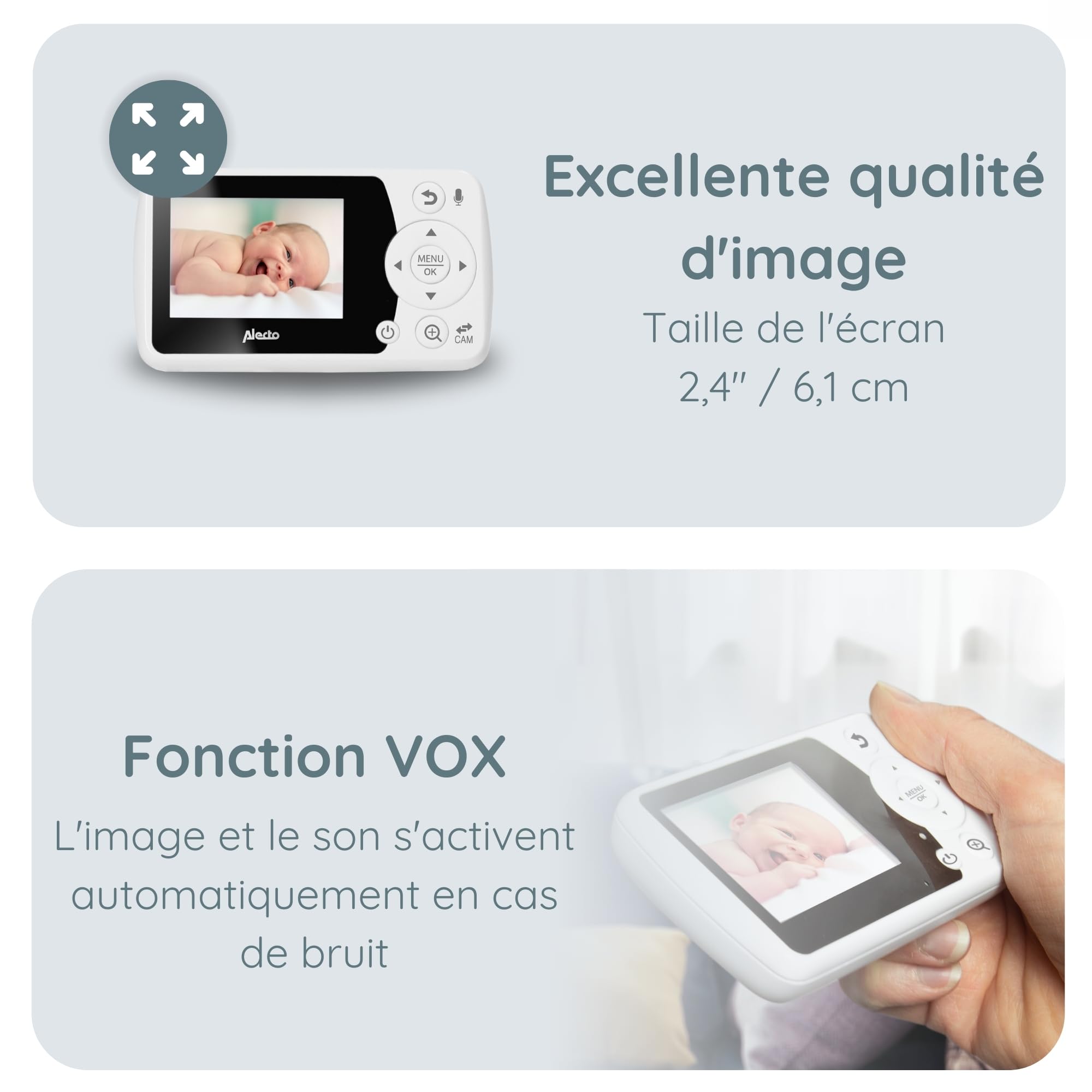 Alecto DVM-64 Babyphone vidéo - moniteur avec caméra et écran 2,4", audio bidirectionnel, vision nocturne, thermomètre intégré, extensible jusqu’à 4 caméras, connexion sécurisée