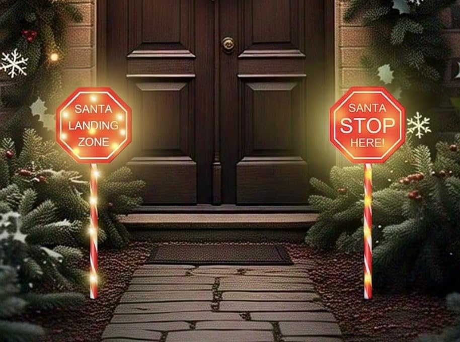 ADEPTNA Christmas Light-Up Santa Stop Here, Santa Landing Zone with Ground Stake, Battery Operated 14 Warm White LEDs Waterproof Double-Sided Design Timer Function