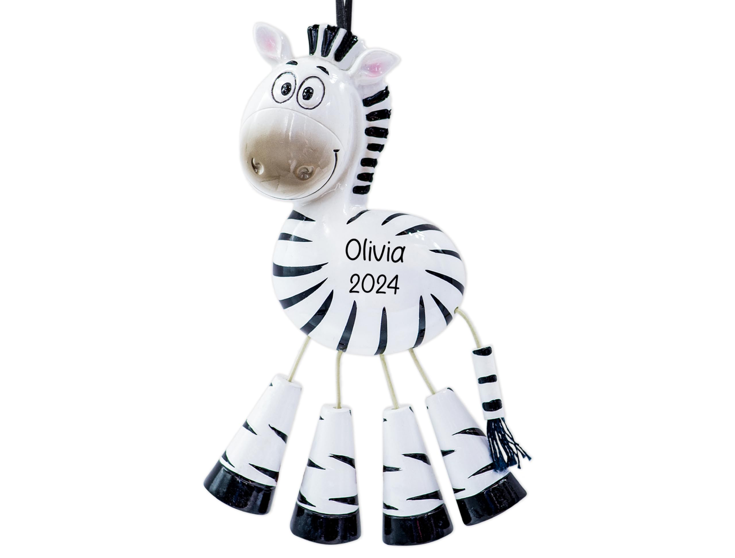 UniqXmas Personalized Zebra Christmas Ornament 2025 | Smiley Striped Animal with Dangle Legs for Xmas Tree | Unique Zoo Jungle Wildlife Safari Keepsake Ornament - Custom Name & Year
