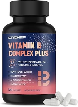 17-in-1 Vitamin B Complex Plus Vitamin B1, B2, B3, B4, B5, B6, B7 Biotin, B8 Inositol, B9, B12, C, D3, K2, Energy, Immune, Skin, Nerve Support for Men & Women - 120 Capsules