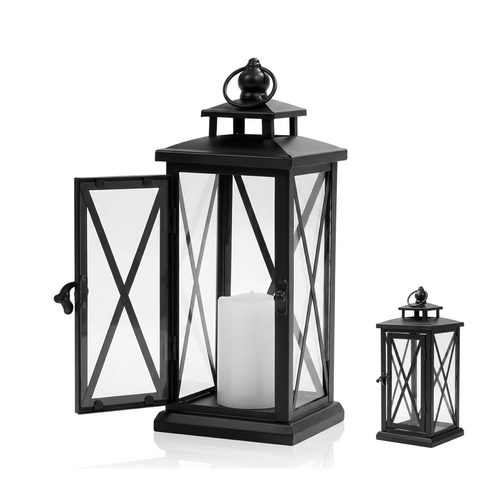 Schwarz Metall Laternen, 40cm Laternen Draußen Outdoor, Grablaterne Friedhof Wetterfest für Draußen Bar Hochzeitsfeier Deko Windlicht Beileid Beerdigung Kerzenlaterne Garten Drinnen (Mittelgroß)