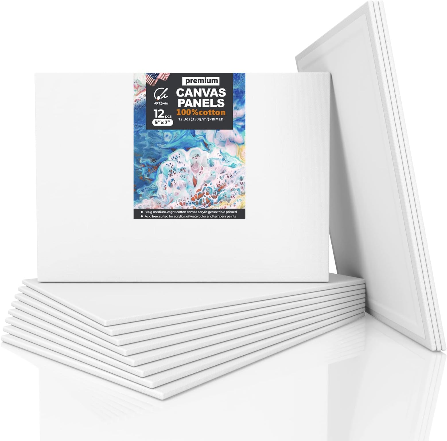 ARTSANI Canvases for Painting 5x7 Inch, 100% Cotton 12.3 oz Triple Primed Flat Canvas Panels, Acid-Free Blank Canvas Paint Canvas Boards for Acrylic Oil Watercolor Gouache Painting - Value Pack of 12