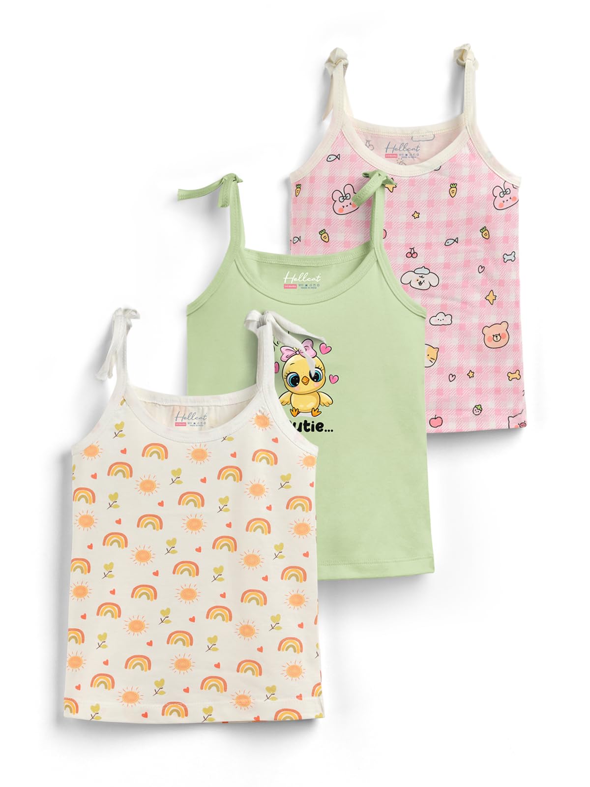 HELLCAT 100% Cotton Strap Open Jhabla Vest & T Shirt for Babies - Pack of 3 (Unisex,Knot Type Jabla)