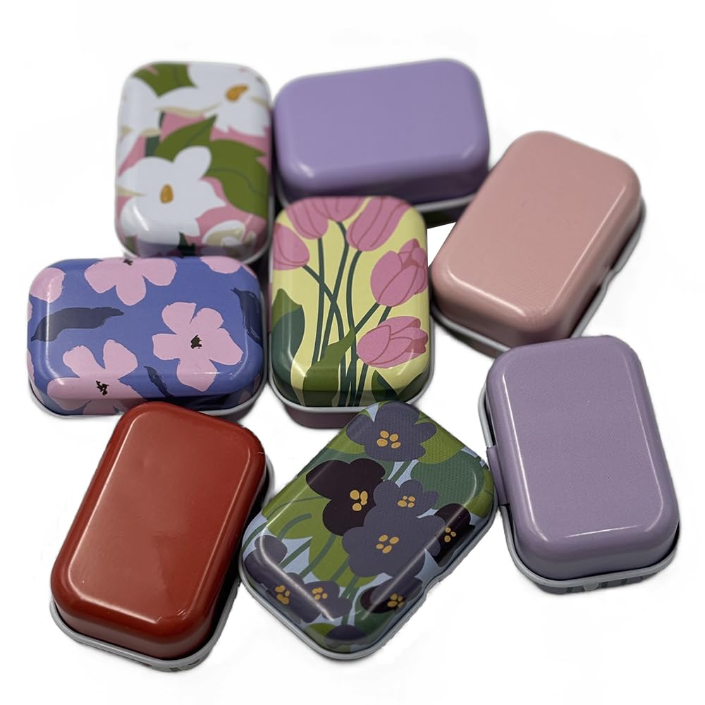 CCUUHJ 8 Pack Tins Container Rectangular Small Tin Box Metal Empty Hinged Tins Empty Tins Basic Necessities Tins for Candies Jewelry,6X4X2.5 CM (Floral 02) - Image 3