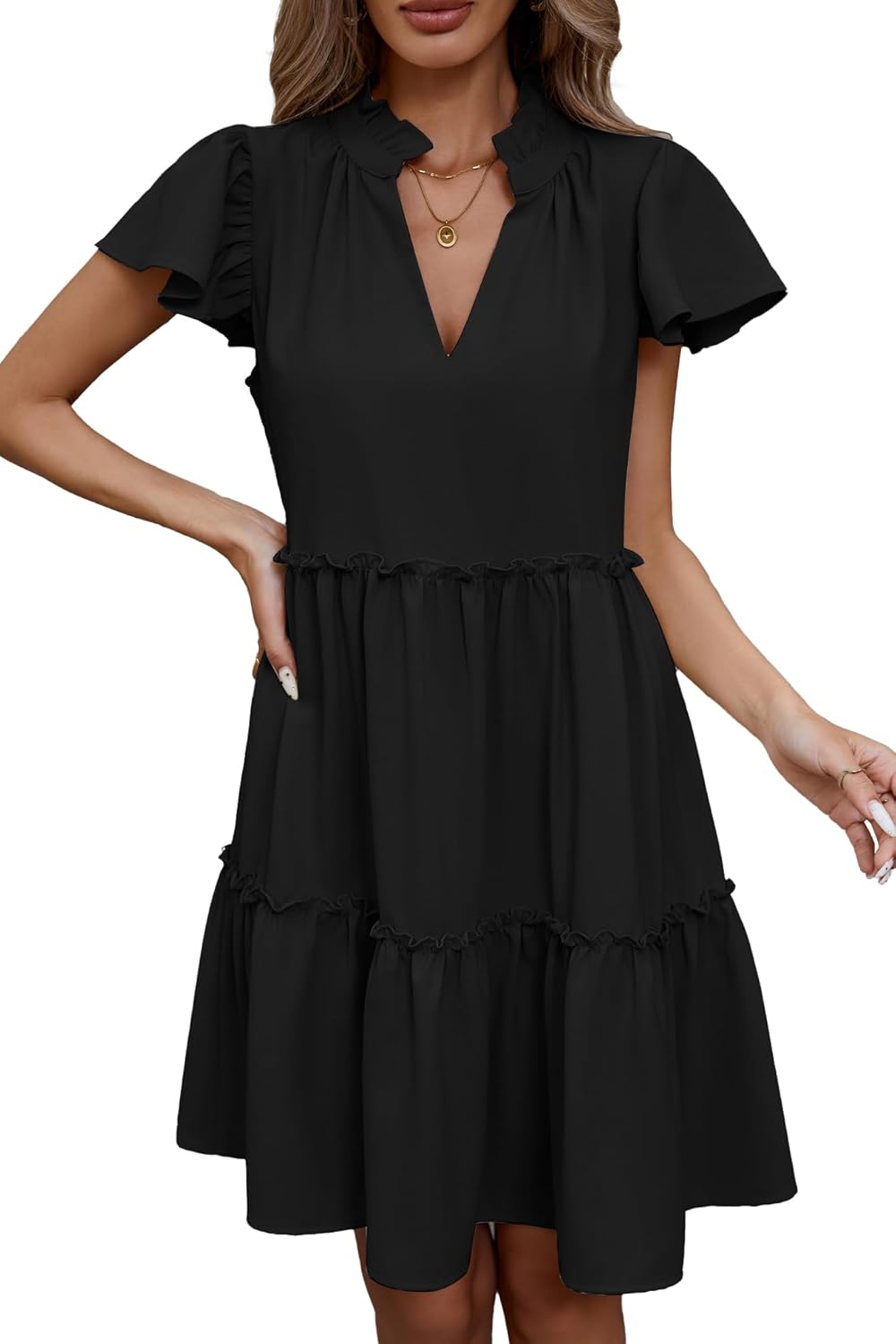 Famulily Summer Dress for Women Ruffle Cap Sleeve Pleated V Neck Dress Tiered Swing A Line Babydoll Mini Dress