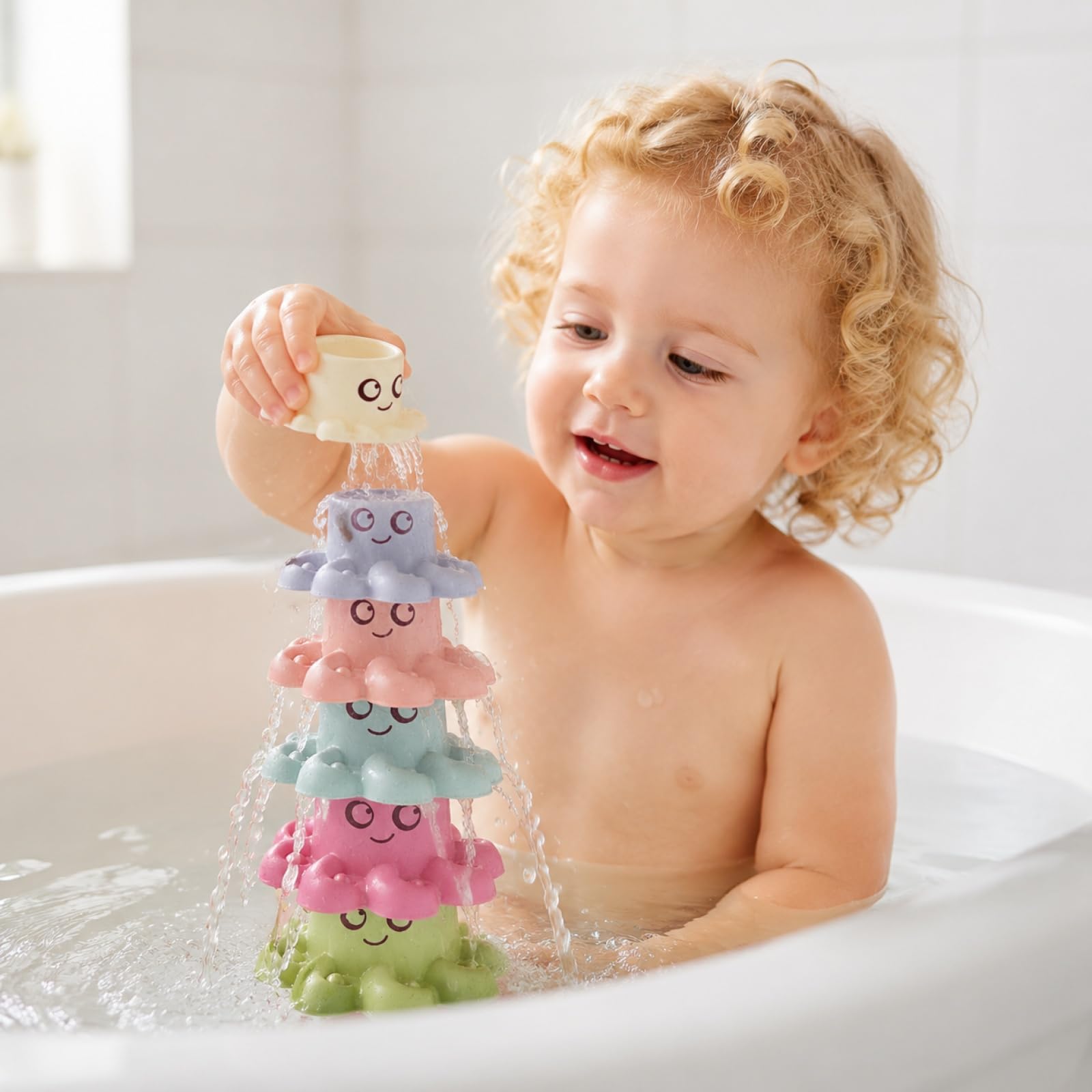 Silikon Stapelbecher Baby, Stapelturm Baby Spielzeug ab 6 Monate, BPA-frei, Montessori Spielzeug Baby Motorikspielzeug, Weich Beißring Stapelsteine Badespielzeug Geschenk für Jungen Mädchen 1 Jahr (A)