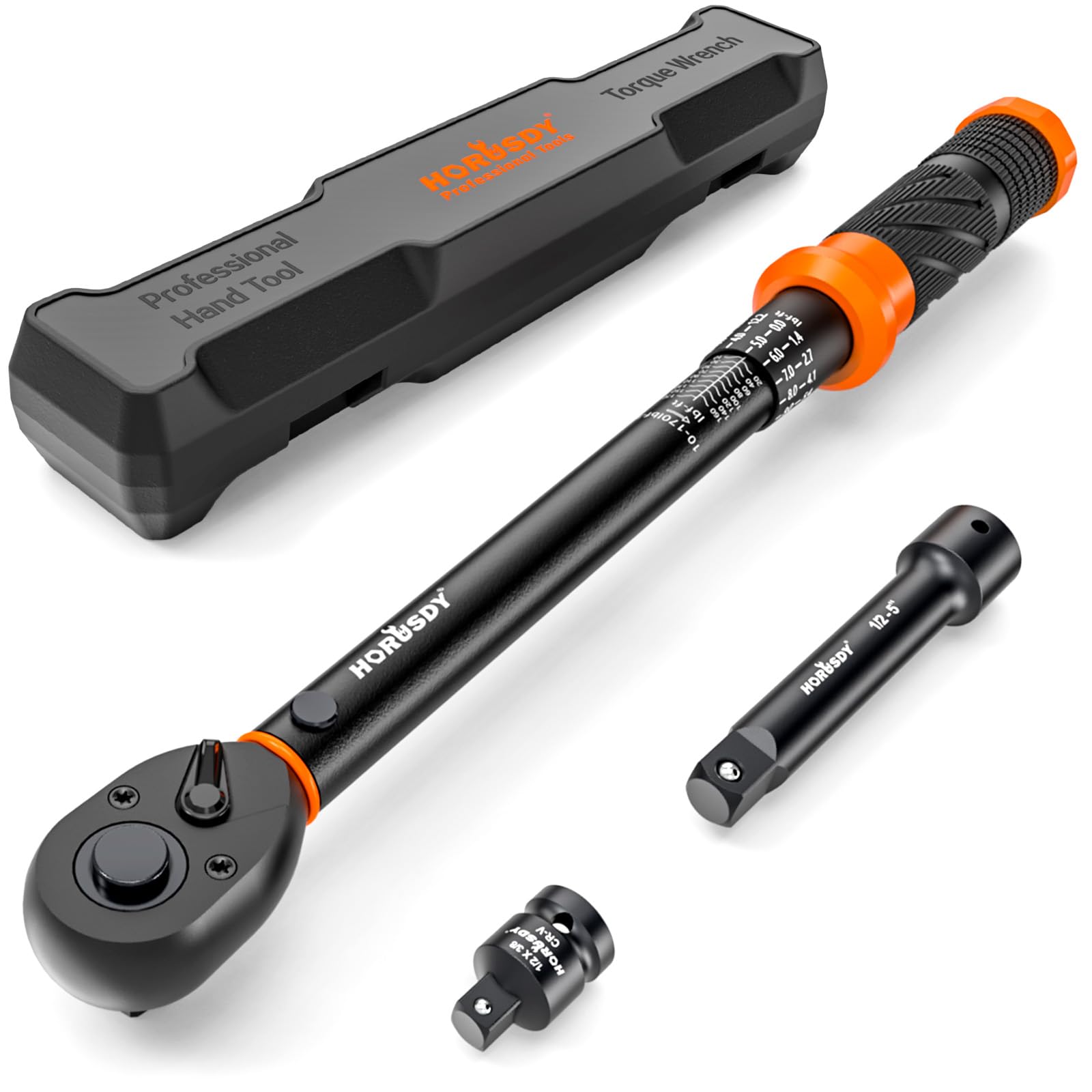 HORUSDY 1/2-Inch Drive Click Torque Wrench Set – 10–170 ft-lb / 13.6–230.5 Nm, ±3% Precision, Dual Scale, 72-Tooth Reversible Head with 5" Extension &