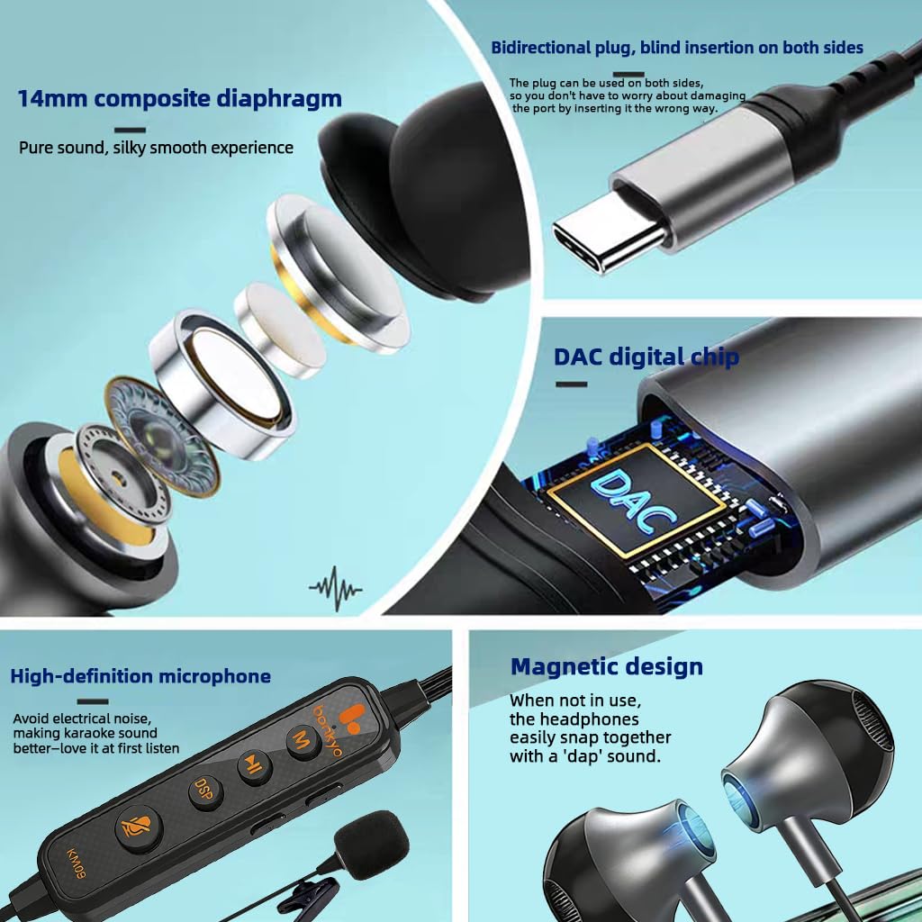 KM09 Tragbares Soundkarte-Karaoke-Headset mit In-Ear-Überwachung, Sprachwechsler, integrierter Soundkarte, tragbares Karaoke-Mikrofon & Kopfhörer, Typ C Bluetooth kabelgebundene Ohrhörer für
