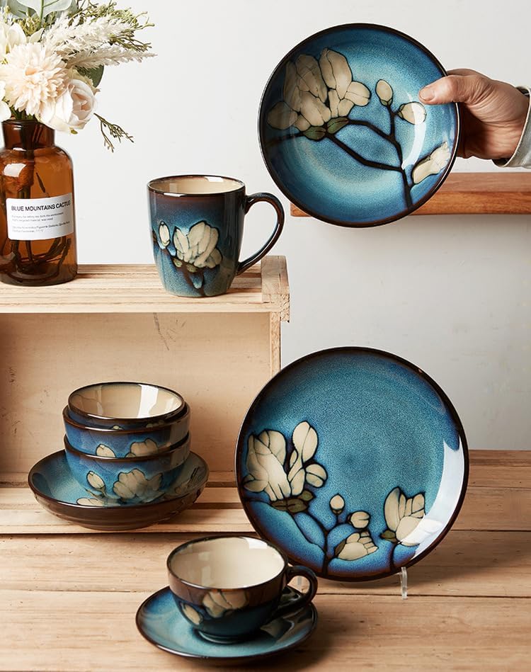 Chinese, Japanese, and Korean underglaze colored magnolia hand-painted deep plate soup bowl, home style noodle bowl, Japanese style bowl, and four course set