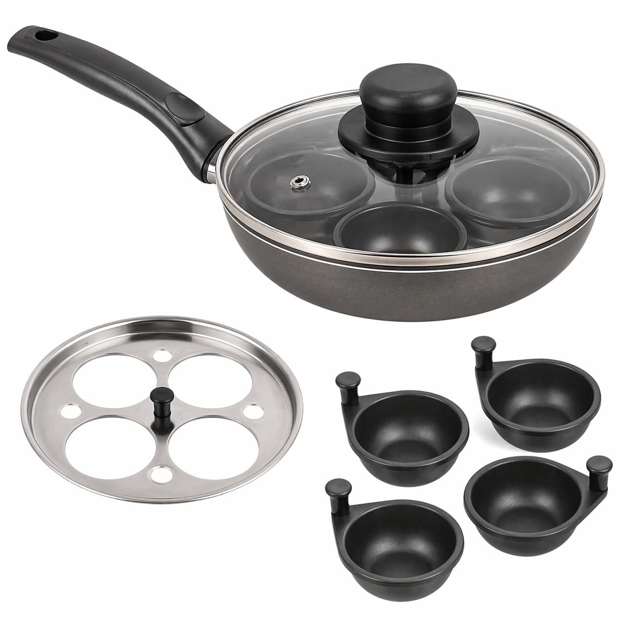 4 Egg Non-Stick Egg Poaching Pan – Aluminium Poached Egg Maker with Glass Lid & Removable Cups, 20cm Saucepan, Cool Touch Handle, Easy Clean, Suitable for Gas