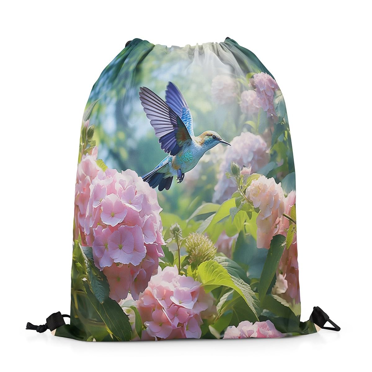 Homewish 3D Hummingbird Drawstring Backpack Pink Hydrangea Drawstring Bags Rustic Floral Animal Draw String Back Bag 33 x 40 cm Nature theme String Backpack All Season