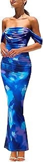 PRETTYGARDEN Maxi Dresses for Women 2025 Summer Elegant Floral Off Shoulder Ruched Mesh Cocktail Wedding Guest Dress