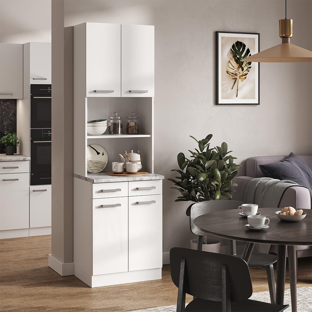 Pensile Da Cucina Vicco R-Line - 60 Cm, Bianco Lucido, Con 2 Ante E Scaffale