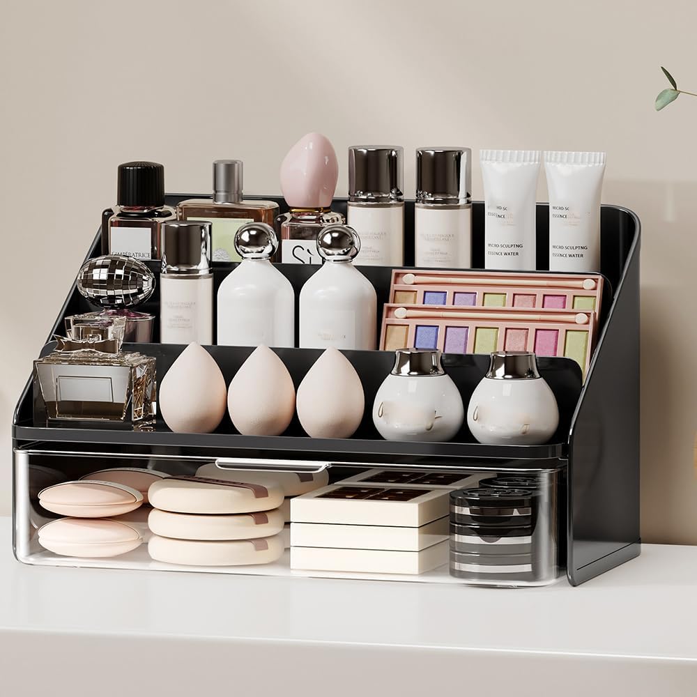 Cologne Holder with Clear Drawer - 3-Tier Black Fragrance Display Stand for Men, Cosmetic Storage Rack, Space-Saving Perfume Organizer for Bathroom Counter & Dresser/Vanity