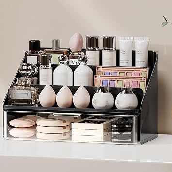 Cologne Holder with Clear Drawer - 3-Tier Black Fragrance Display Stand for Men, Cosmetic Storage Rack, Space-Saving Perfume Organizer for Bathroom Counter & Dresser/Vanity