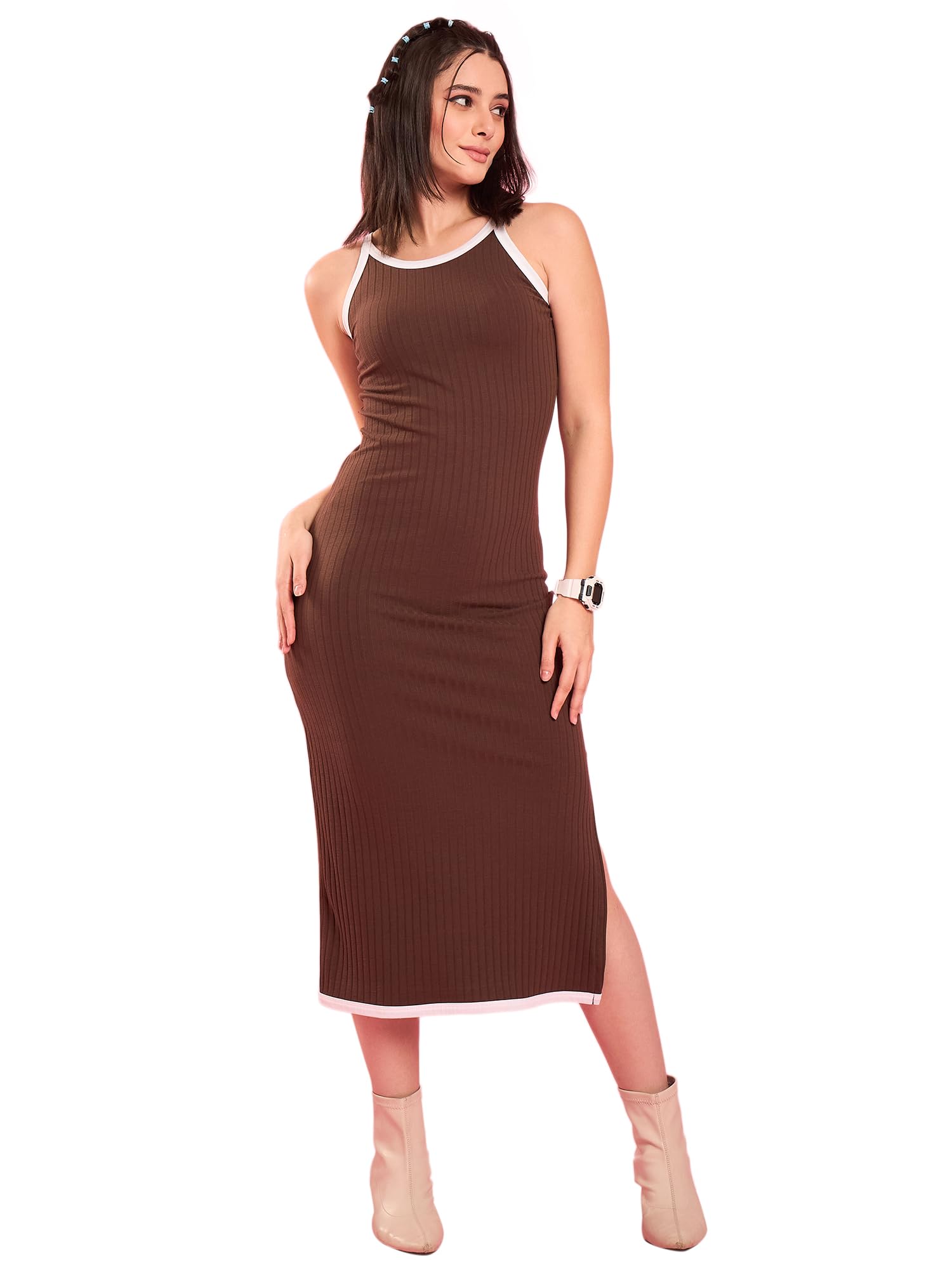 WineRed Women Blue Halter Neck Bodycon Dress-image-3