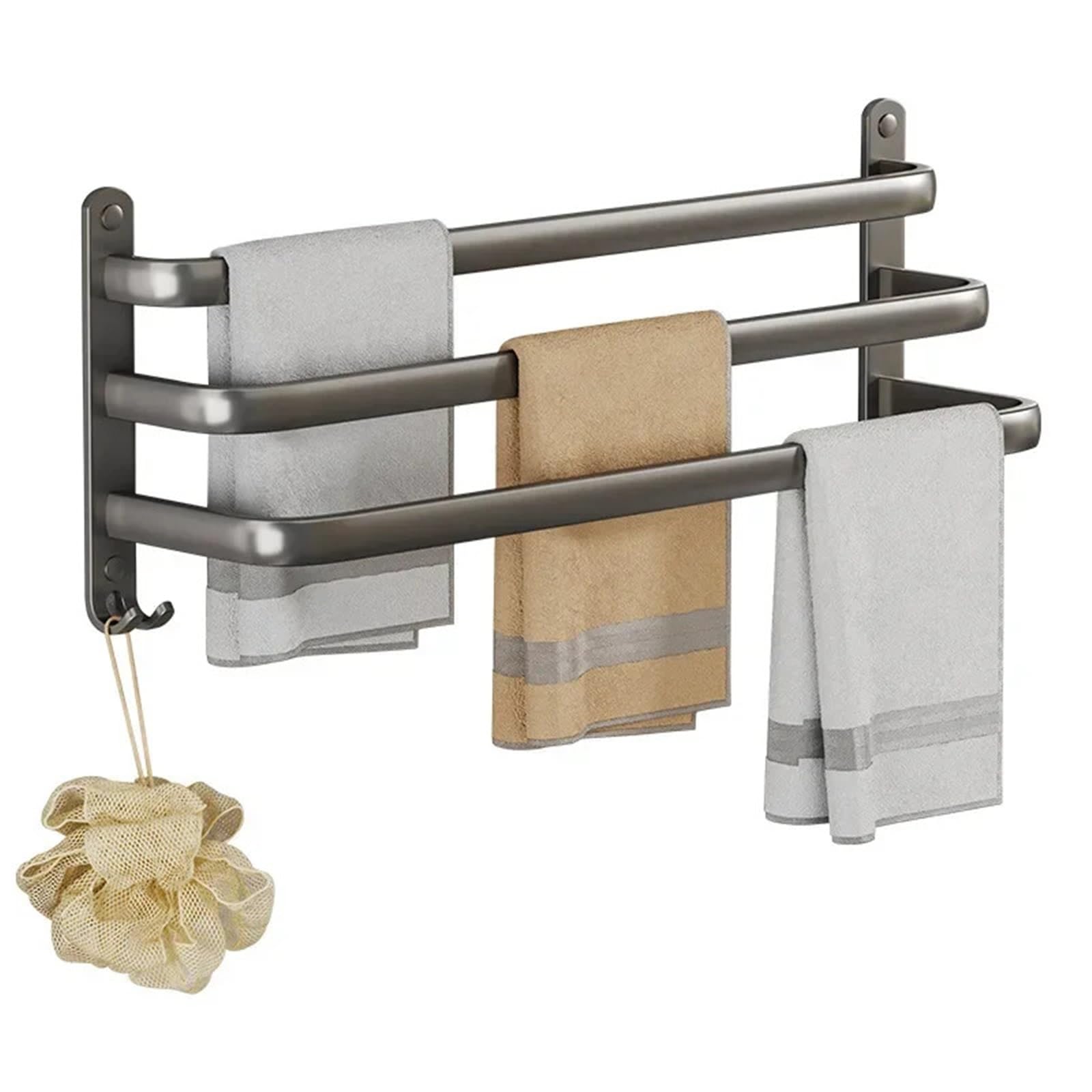 Gray Aluminum Towel Rack Bathroom Multi-Layer Bath Hanging Pole Slipper Shelf Kitchen Rail NO Punching For DIY Tools(Gray-S3-40CM)