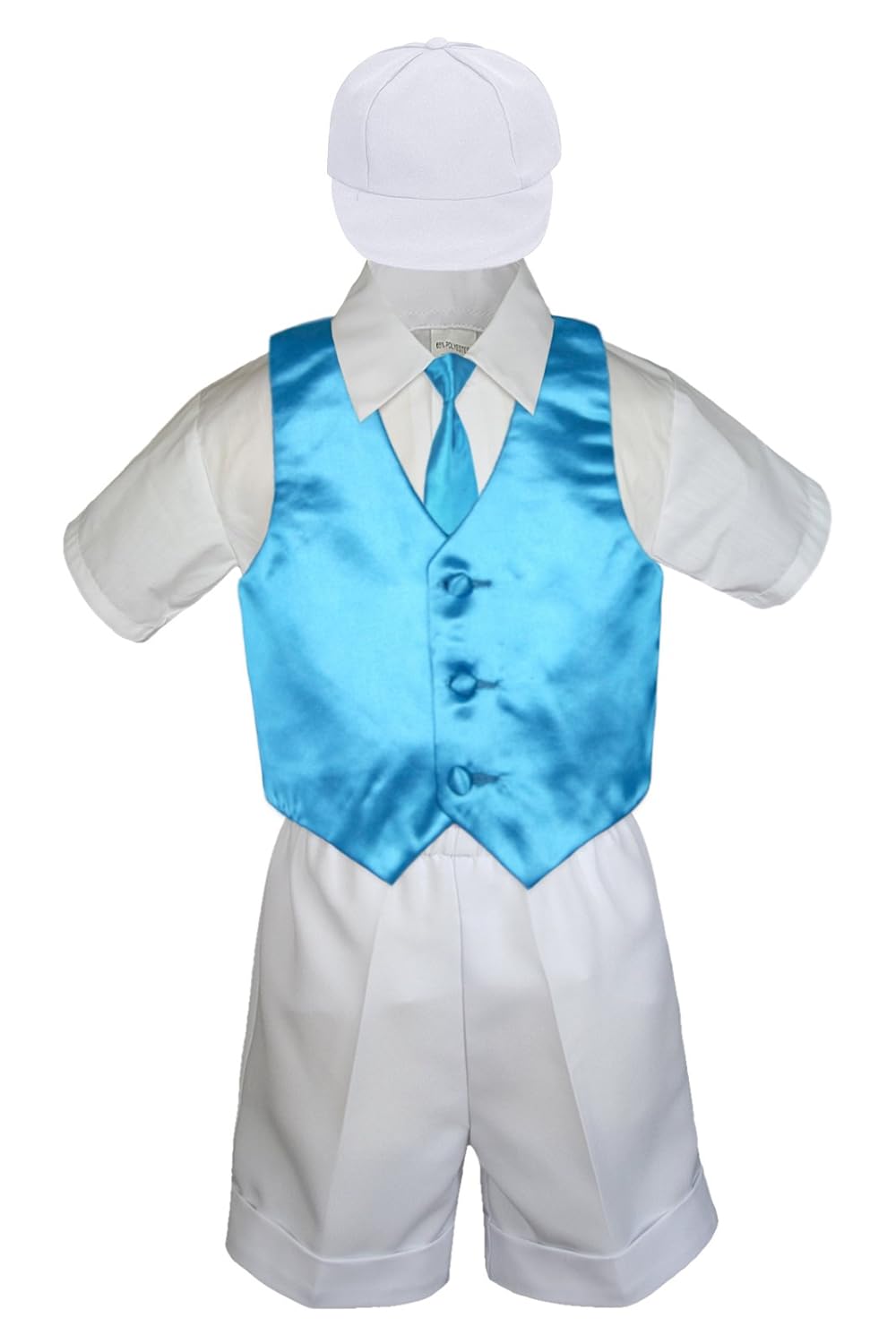 5pc Baby Toddler Boys White Shorts Hat Turquoise Necktie Vest Suits Set (Small:(0-6 months))