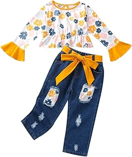 Niño pequeño Infantil niños bebés niñas Manga Larga con Volantes Patchwork Dibujos Animados Tops Blusa Bowknot Jeans Pantalones Conjunto Ropa 2 uds Perchas Trajes
