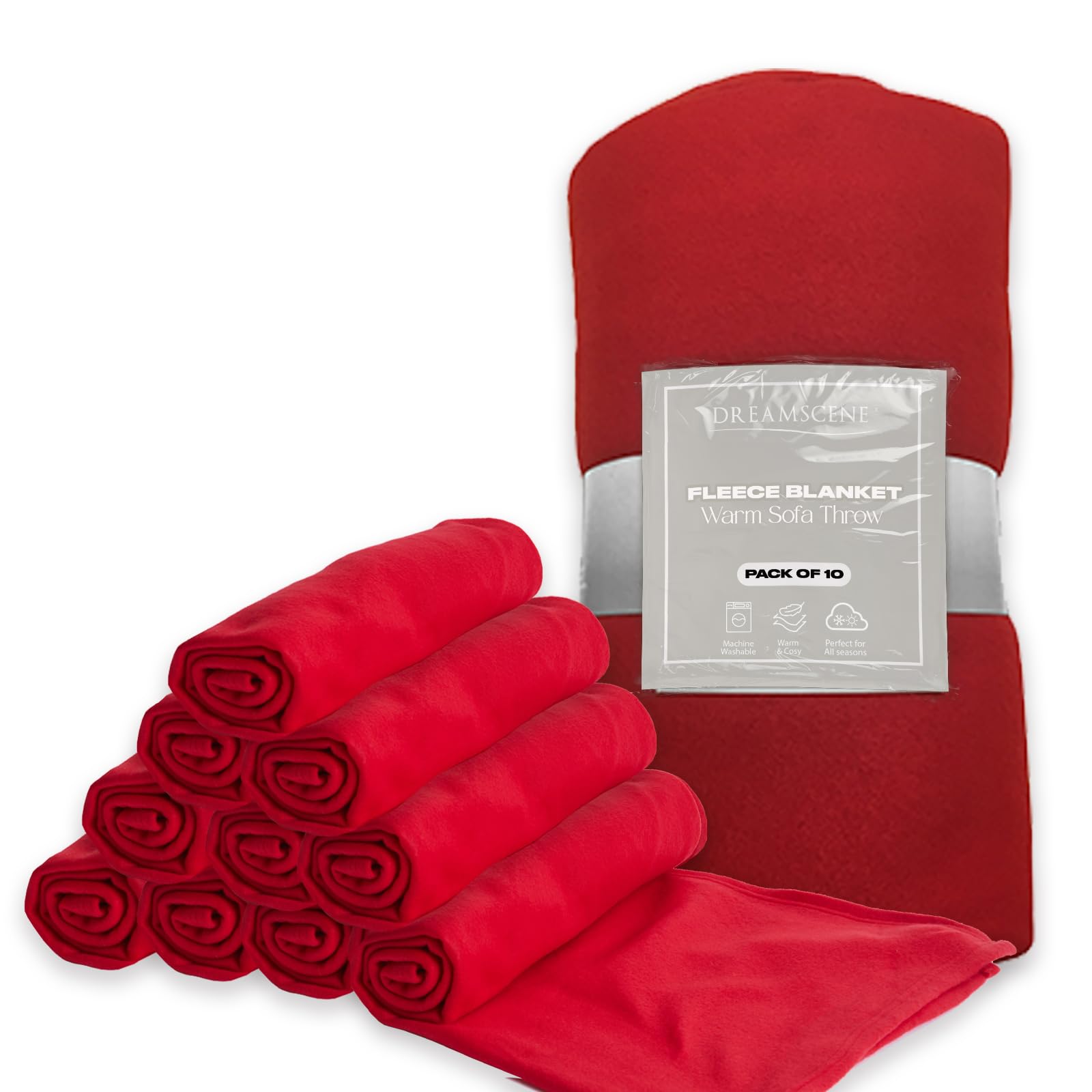 Dreamscene Red 10 X Plain Fleece Blankets Wholesale, Soft Cosy Warm Throws For Sofas Bed Couch Settee Blanket Multipack Joblot Travel Garden Blanket Single Bed Throw, - 120 X 150Cm