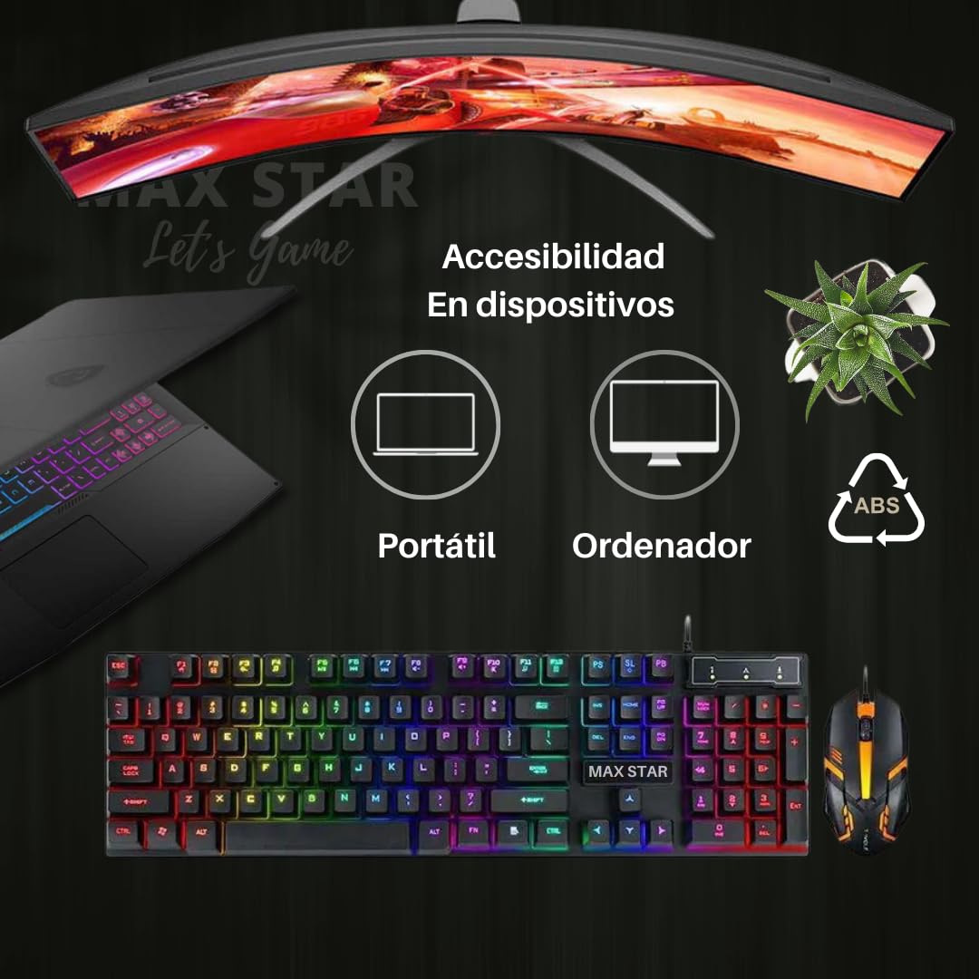Max Star Teclado Gaming Iluminación LED RGB Teclado Alámbrico Gaming Windows, Mac, PC Gaming, Ordenador, Portátil Teclado Mecánico Negro