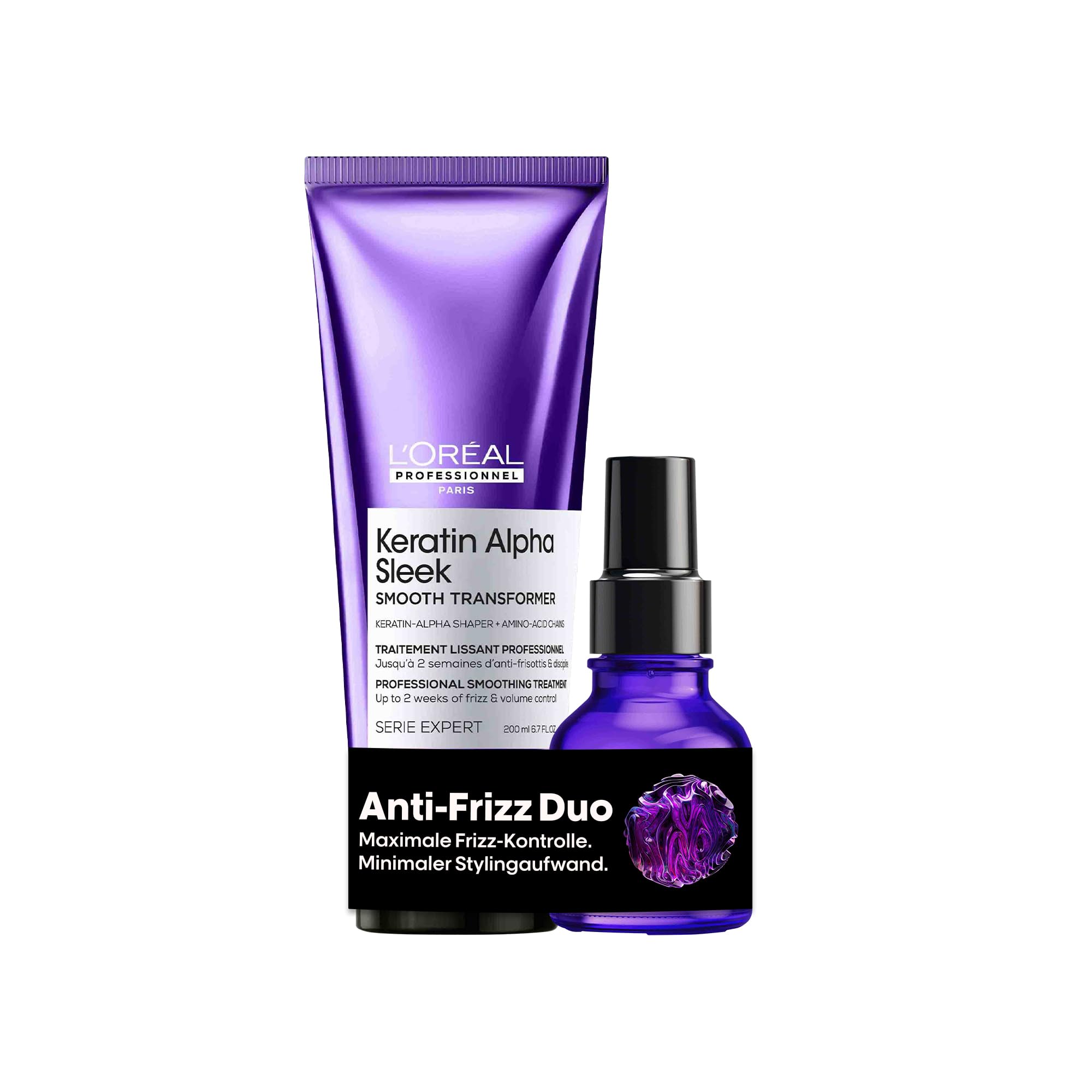 L'Oréal Professionnel Keratin Alpha Sleek Smooth Transformer & Serum Duo – Professionelles Anti-Frizz Haarset für intensive Geschmeidigkeit & Glanz