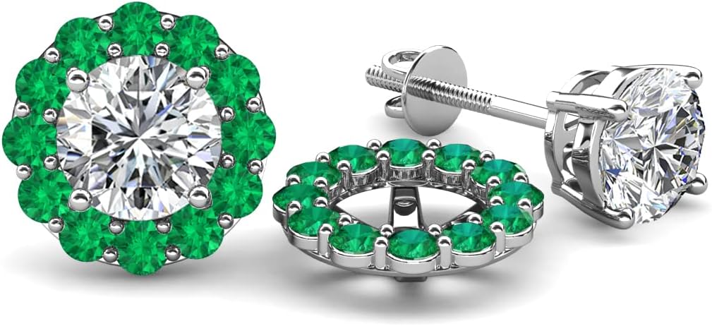 Round Emerald 0.45 ctw Halo Jackets for Stud Earrings in 14K White Gold