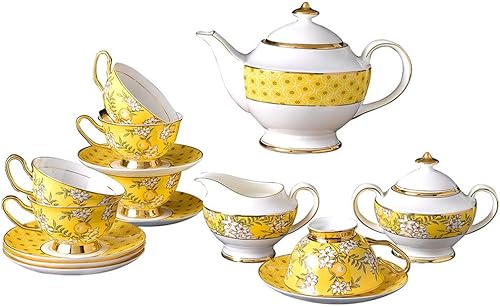 TREXD - Juego de vajilla de té de la tarde de 15 piezas con flores de limón amarillo para café tarro de azúcar taza y platillo