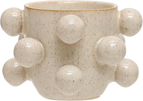 Bloomingville 4.25 Inches Round Stoneware Planter with Orbs and Reactive Glaze, Holds 3 Inches Pot, Speckled Cream