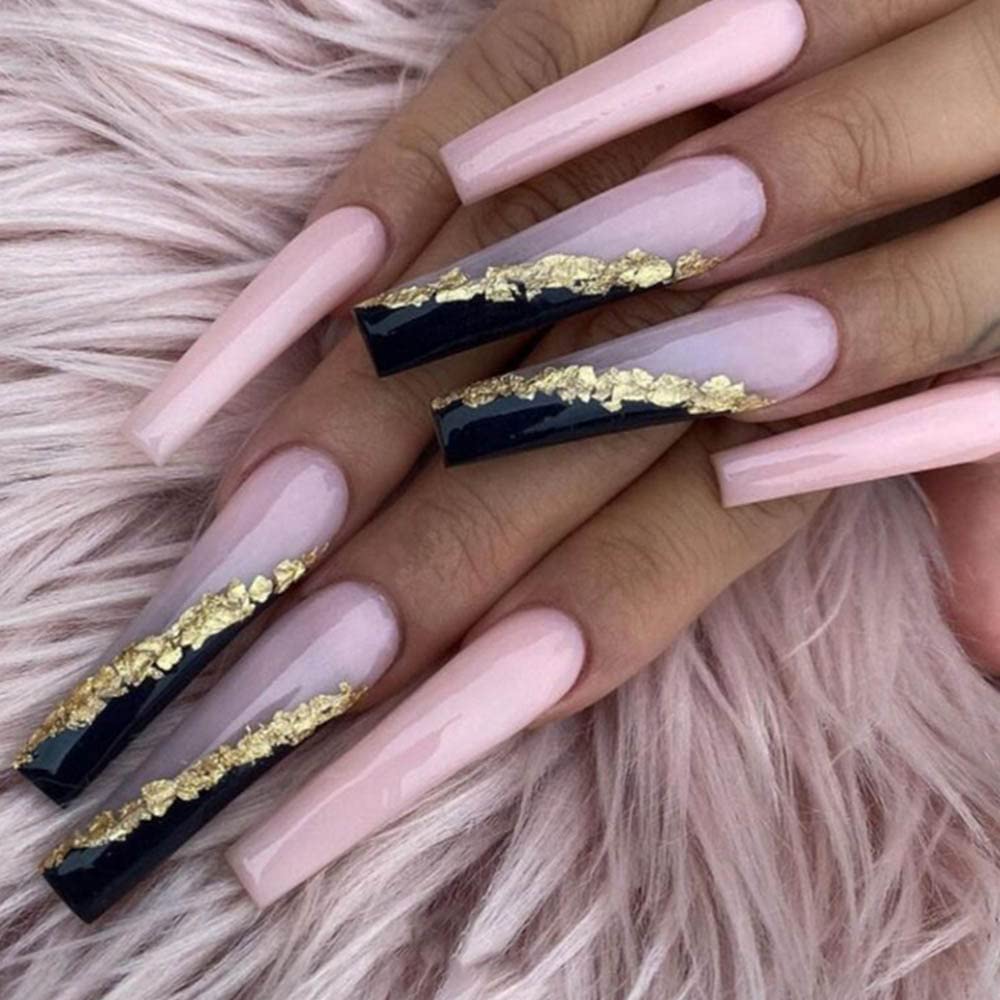 YoYoee Press on Nails Coffin Long False Nails Black Gradient Fake Nails Acrylic Stick on Nails Tips for Women and Girls 24Pcs