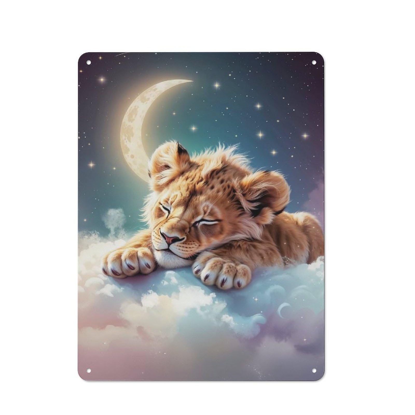 Junmoney Sleeping Lion Cub On Clouds Country Metal Wall Decor 40X30cm, Country Metal Sign For Kitchen, Cottage, Porch Or Garden Room