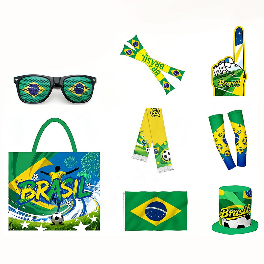 FRoon Kit per tifosi del Brasile, 8 pezzi, accessori per tifosi del calcio: borsa tote, bandiera volante, cappello, sciarpa, occhiali, bastoni da tifo, bastoncini da tifo