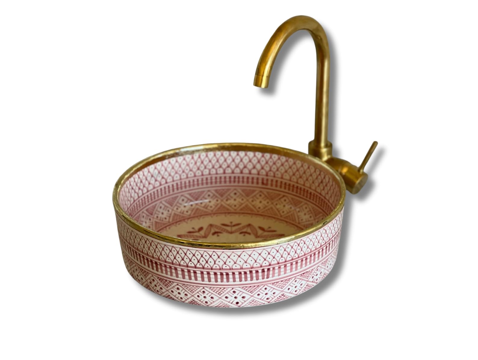 MIRATILE Handmade Ceramic Basin Sink, Handwash Countertop Vanity Basin, Farmhouse Bathroom Basin, Sink Bowl with Brass Rim Edge, Hand Painted Wash Basin Sink (8"= 20cm, Pink)