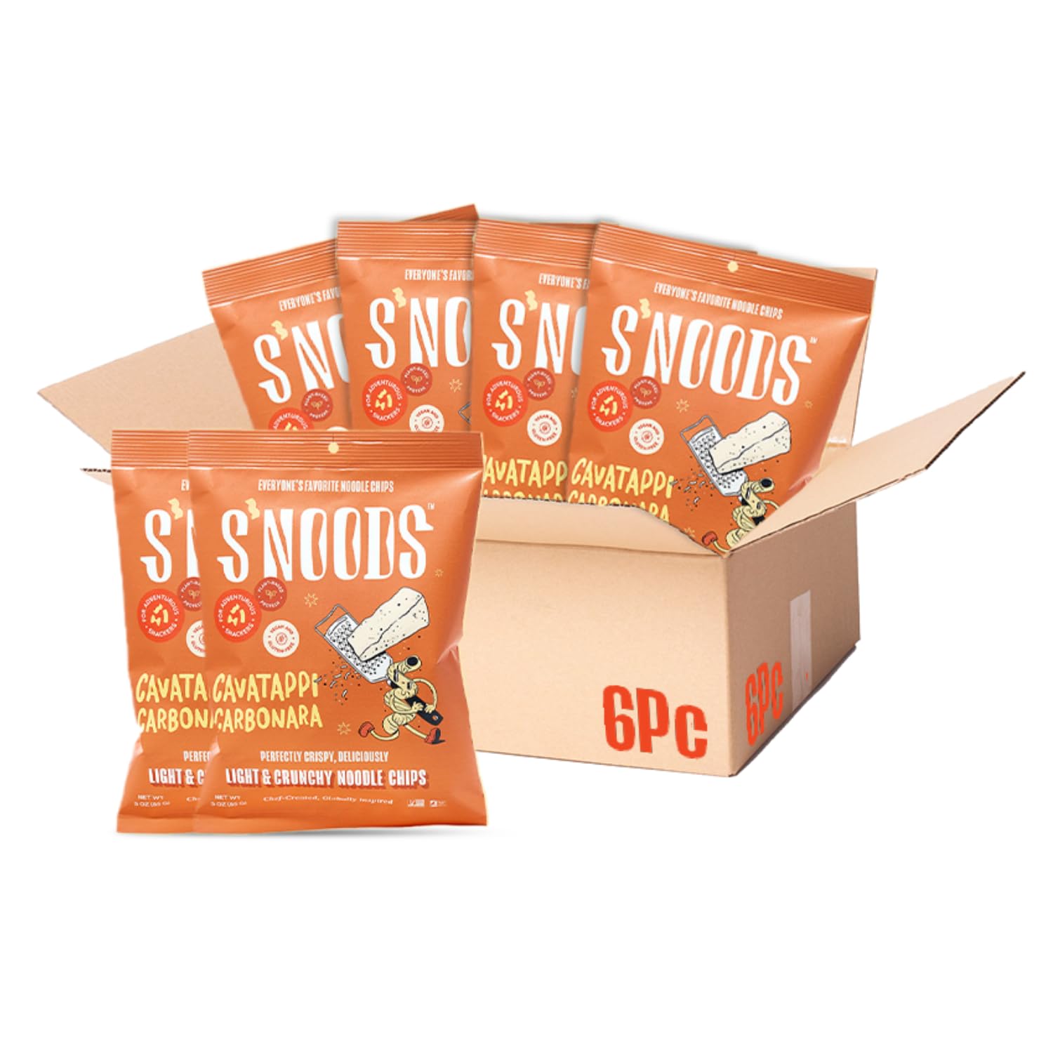S’NOODS Cavatappi Carbonara Chips - Light & Crunchy Noodle Chips - Plant-Based Protein - Vegan Snacks - Gluten-Free - Perfectly Crispy & Delicious - For Adventurous Snackers - 3 oz (6 Pack)