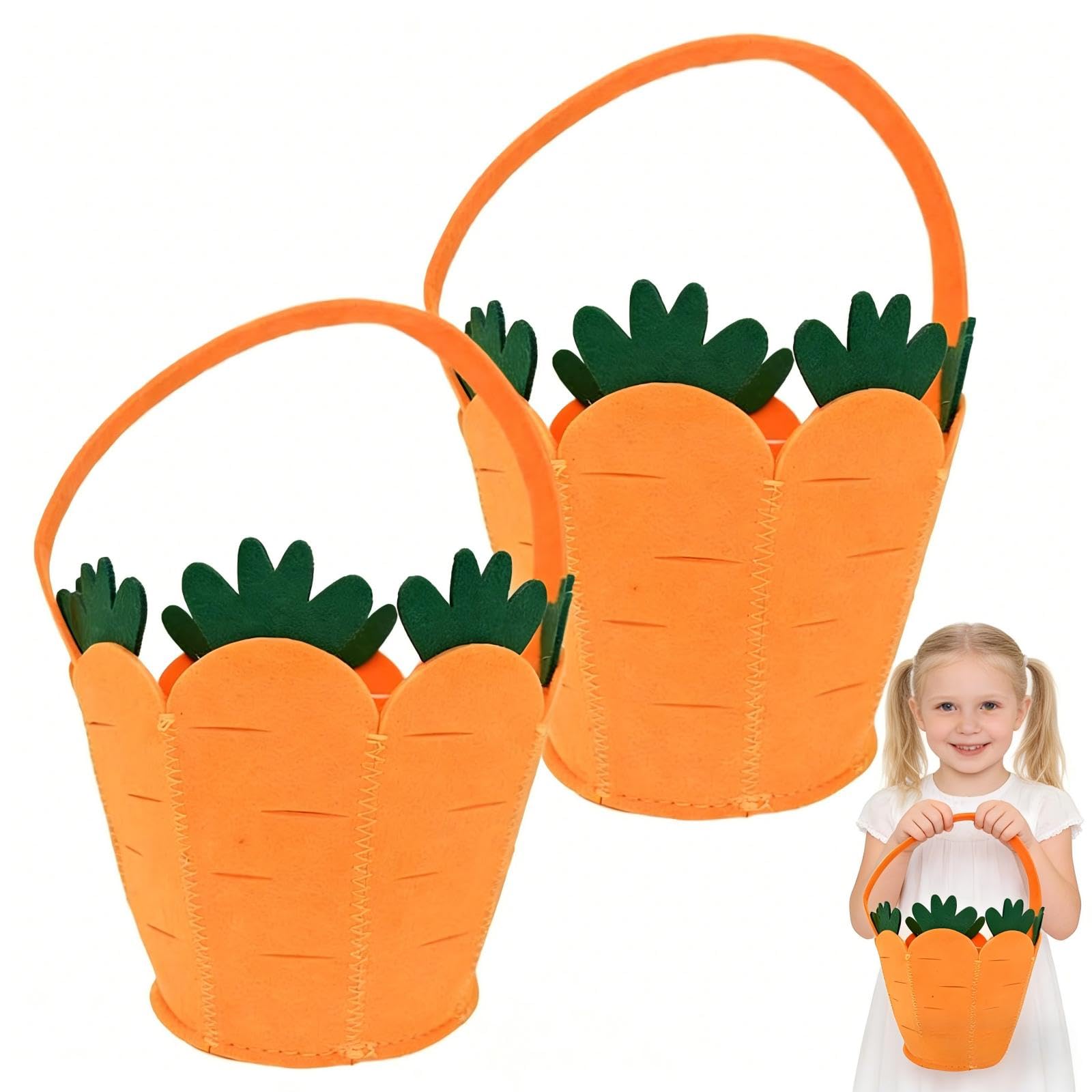2PCS Easter Egg Hunt Baskets for Kids, Carrot Felt Basket with Handle, Easter Baskets Crafts for Kids, Perfect Spring Easters Egg Hunt Favour Holders, for Easters Gift Bags Spring Picnic Party Favors